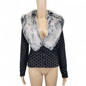 Cache Vintage Black Velvet and Gray Faux Fur Women's Carigan Sweater